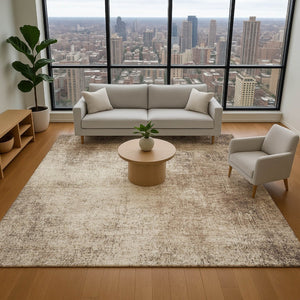 HomeRoots 8' Taupe and Beige Abstract Washable Round Rug - Durable, Stain-Resistant with UV Protection, 8ft 707614