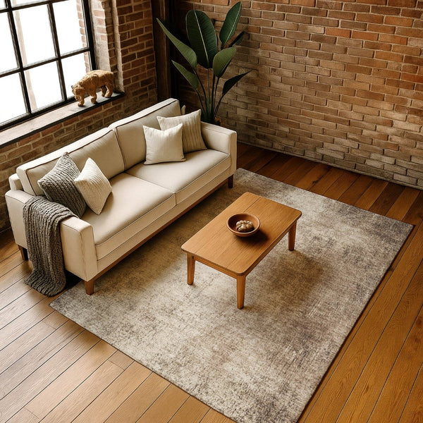 HomeRoots 8' Taupe and Beige Abstract Washable Round Rug - Durable, Stain-Resistant with UV Protection, 8ft 707614