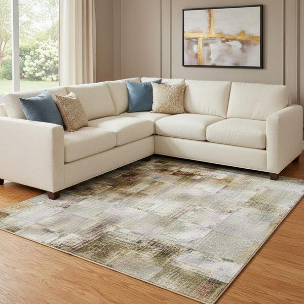 HomeRoots 9' X 12' Abstract Washable Area Rug in Taupe & Beige - Durable, UV-Protected, Ideal for High-Traffic Spaces 707616