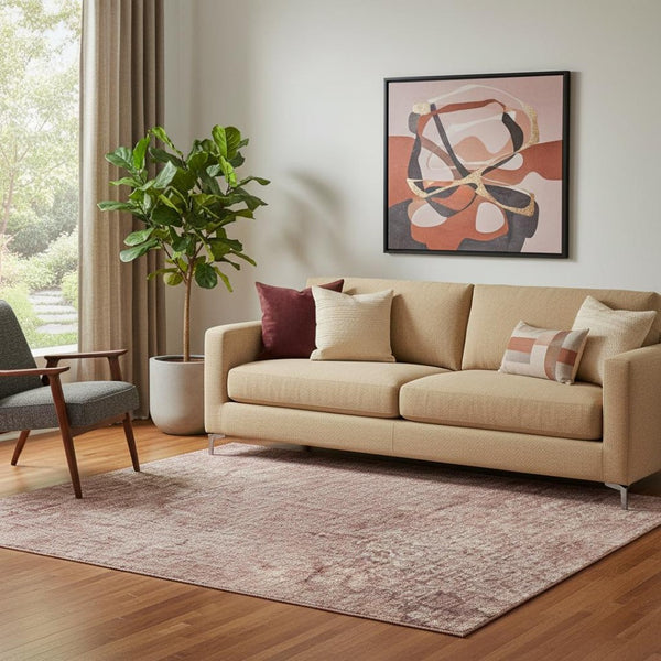 HomeRoots 8' Coral and Burgundy Abstract Washable Round Rug - UV Protected, Stain Resistant & Durable Design 707626