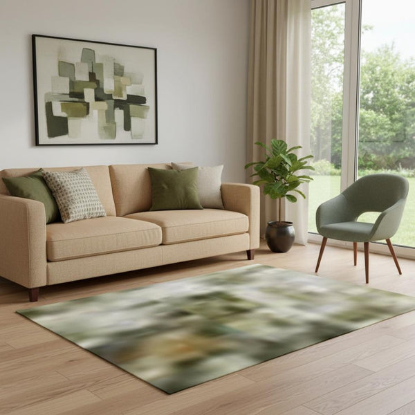 HomeRoots 8' Olive Green and Brown Abstract Washable Round Rug – Durable, UV-Protected for Homes with Kids & Pets 707632