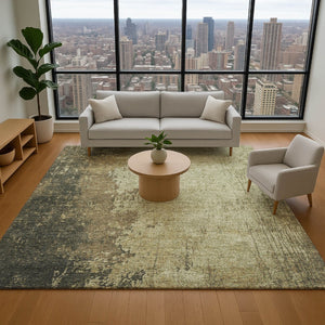 HomeRoots 8' Olive Green and Brown Abstract Washable Round Rug – Durable, UV-Protected for Homes with Kids & Pets 707632
