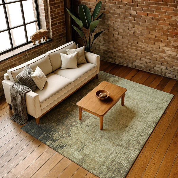 HomeRoots 8' Olive Green and Brown Abstract Washable Round Rug – Durable, UV-Protected for Homes with Kids & Pets 707632
