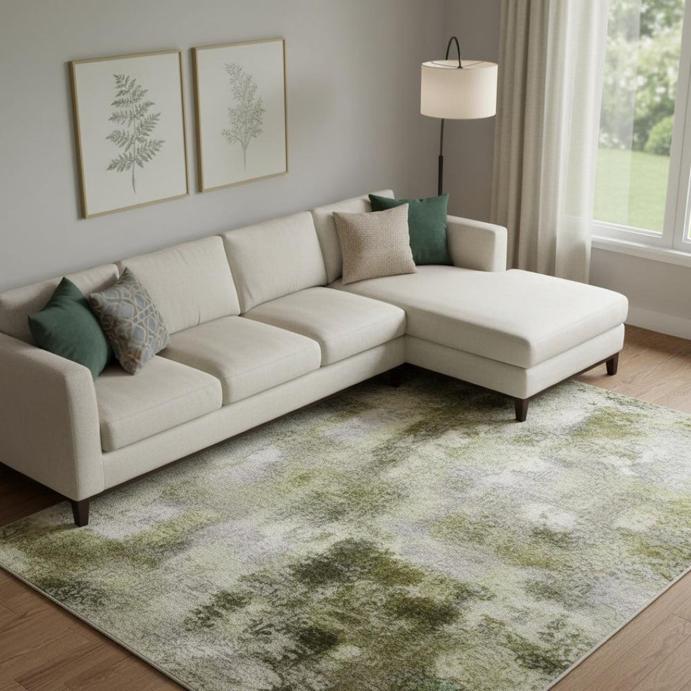 HomeRoots 10' Olive Green & Brown Abstract Area Rug – Washable, UV-Protected, Durable for Family Spaces 707635