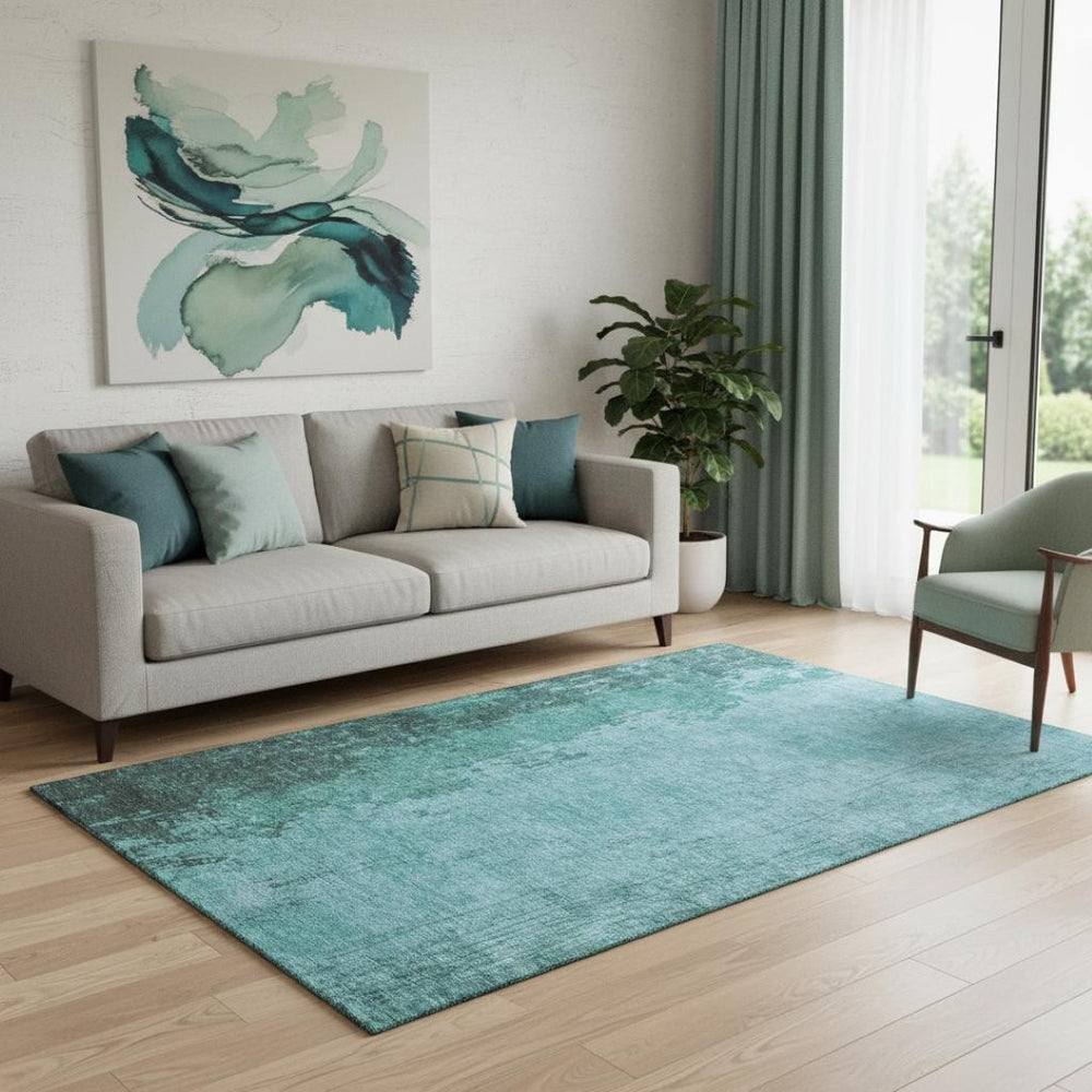 HomeRoots 8' Teal and Gray Abstract Washable Round Rug - Durable, Stain-Resistant, UV Protected for Modern Spaces 707644