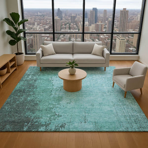 HomeRoots 9' X 12' Teal & Gray Abstract Area Rug - Washable, UV-Protected, Stain-Resistant for Modern Homes 707646