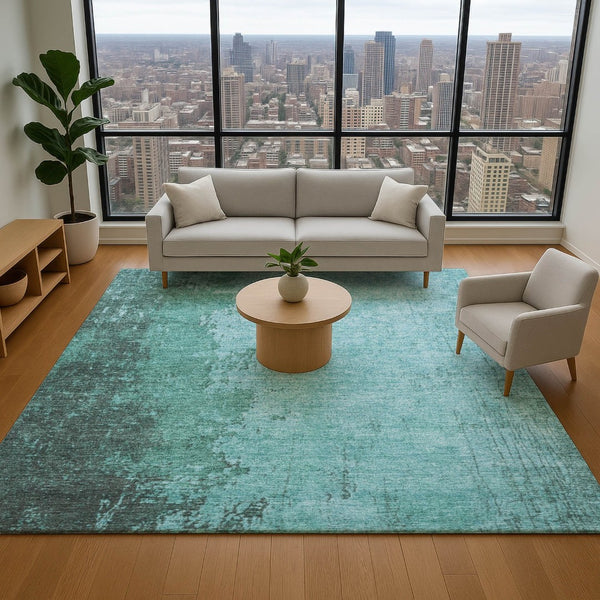 HomeRoots 9' X 12' Teal & Gray Abstract Area Rug - Washable, UV-Protected, Stain-Resistant for Modern Homes 707646
