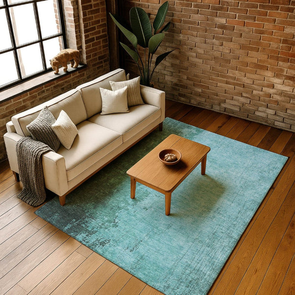 HomeRoots 9' X 12' Teal & Gray Abstract Area Rug - Washable, UV-Protected, Stain-Resistant for Modern Homes 707646