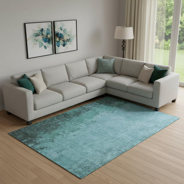 HomeRoots 10' X 14' Teal and Gray Abstract Area Rug - Washable, UV Protected, Modern Design for High Traffic Spaces 707647