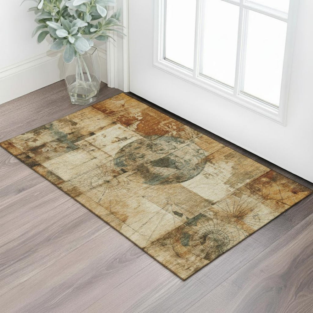 HomeRoots 5' X 8' Washable Beige Gray Rust Geometric Area Rug with UV Protection for Modern Home Decor 707649