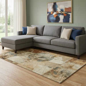 HomeRoots 9' X 12' Geometric Washable Area Rug - Durable Beige, Gray & Rust Design with UV Protection & Non-Slip Backing 707652