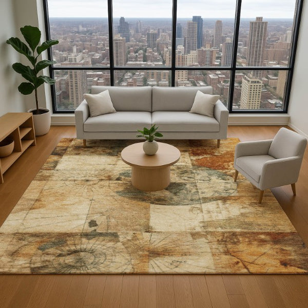 HomeRoots 9' X 12' Geometric Washable Area Rug - Durable Beige, Gray & Rust Design with UV Protection & Non-Slip Backing 707652