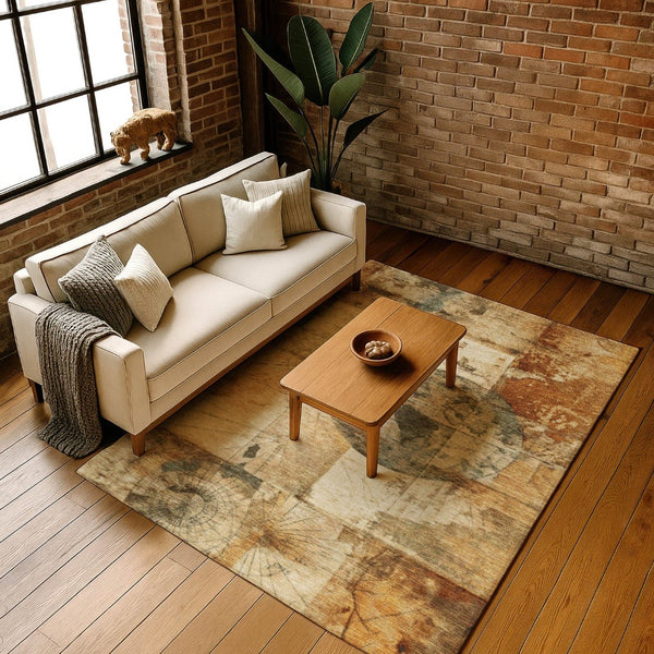 HomeRoots 9' X 12' Geometric Washable Area Rug - Durable Beige, Gray & Rust Design with UV Protection & Non-Slip Backing 707652