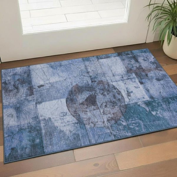 HomeRoots 5' Stylish Blue and Gray Geometric Washable Area Rug with UV Protection for Kids and Pets' Safety 707655