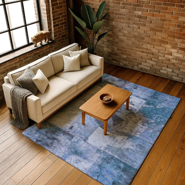 HomeRoots 5' Stylish Blue and Gray Geometric Washable Area Rug with UV Protection for Kids and Pets' Safety 707655