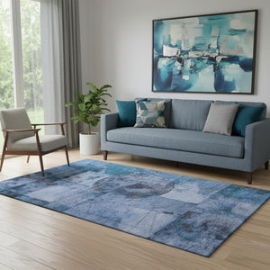 HomeRoots 8' Blue and Gray Geometric Round Rug – Washable, UV-Protected, Durable for High-Traffic Homes! 707656