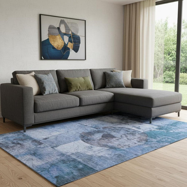 HomeRoots 9' X 12' Stylish Blue & Gray Geometric Washable Area Rug with UV Protection for High-Traffic Rooms 707658