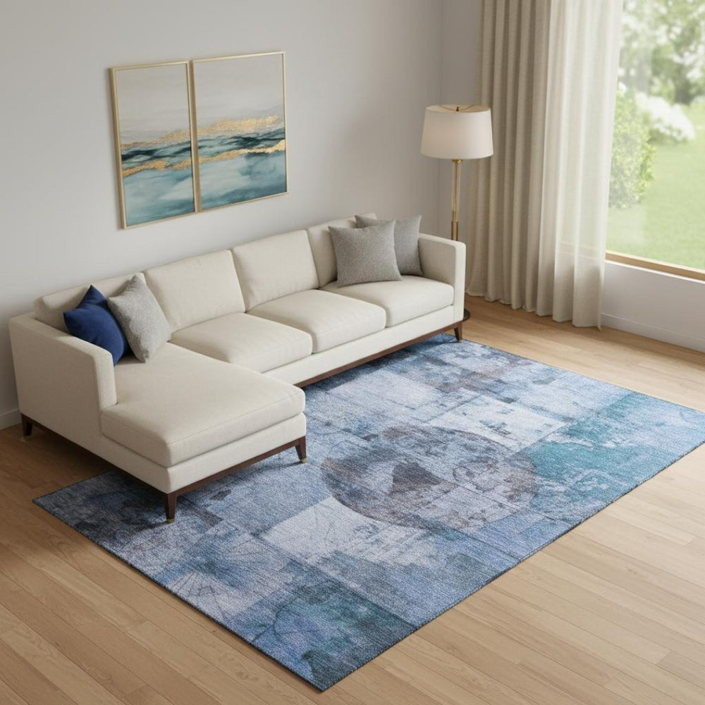 HomeRoots 10' Blue and Gray Geometric Area Rug - Washable, UV-Protected, Durable, Stylish for High-Traffic Areas 707659
