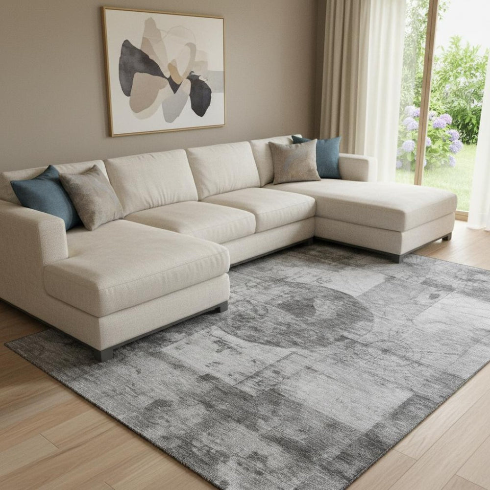 HomeRoots 9' x 12' Gray and Silver Geometric Area Rug - Washable, UV Protected, and Stain-Resistant Design 707664