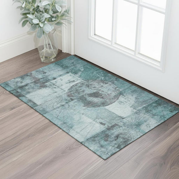 HomeRoots 5' X 8' Teal And Gray Geometric Area Rug - Washable, UV Protected, Non-Slip for High-Traffic Spaces 707667