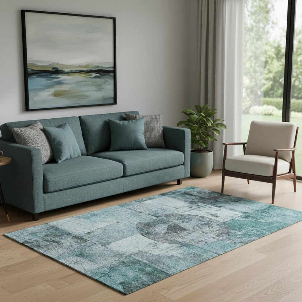 HomeRoots 8' Teal and Gray Geometric Round Rug - Washable, UV-Protected, Non-Slip, Stylish for Any Room 707668