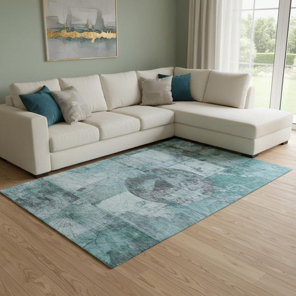 HomeRoots 9' X 12' Teal and Gray Geometric Area Rug - Washable, UV-Protected, Ideal for Kids & Pets! 707670