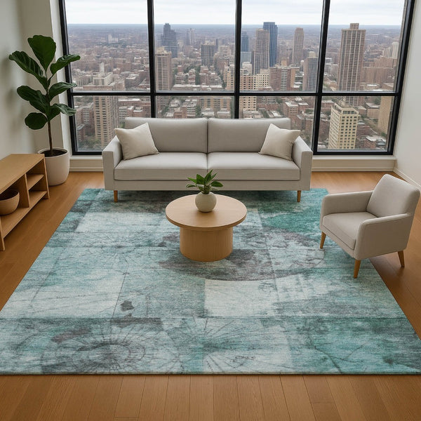 HomeRoots 9' X 12' Teal and Gray Geometric Area Rug - Washable, UV-Protected, Ideal for Kids & Pets! 707670