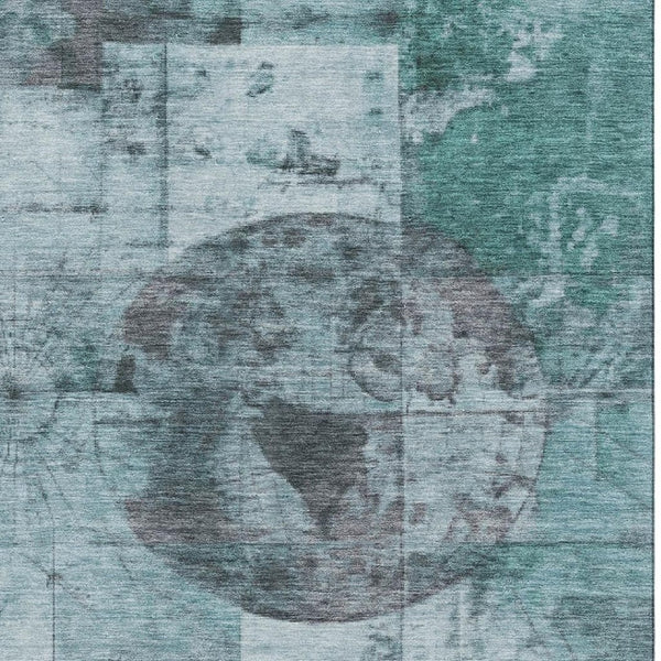 HomeRoots 9' X 12' Teal and Gray Geometric Area Rug - Washable, UV-Protected, Ideal for Kids & Pets! 707670