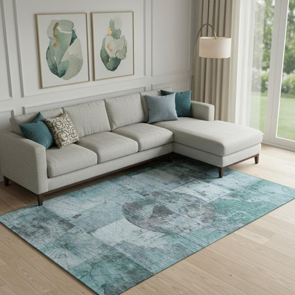 HomeRoots 10' X 14' Teal and Gray Geometric Area Rug - Stylish, Washable, UV-Protected for Modern Living Spaces 707671