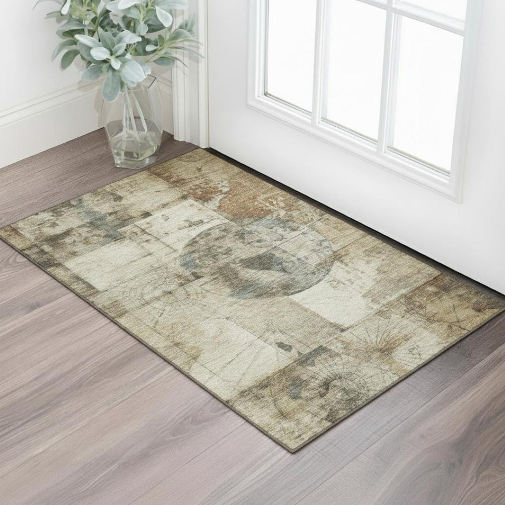 HomeRoots 5' X 8' Taupe Gray & Beige Geometric Area Rug - Washable, UV Protected, Stain-Resistant for Homes 707673