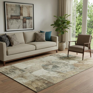 HomeRoots 8' Taupe Gray & Beige Geometric Round Rug - Washable, UV-Protected, Perfect for High-Traffic Areas! 707674