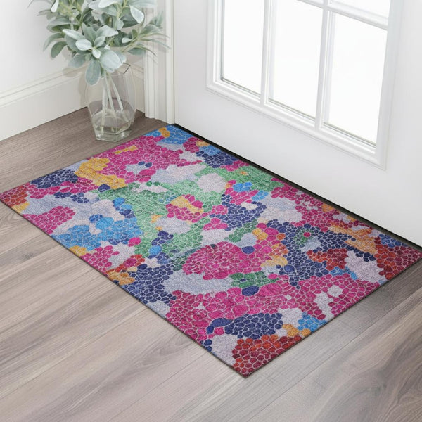 HomeRoots 5' X 8' Modern Blush Blue & Yellow Geometric Area Rug - Washable, UV Protected & Stain Resistant! 707679