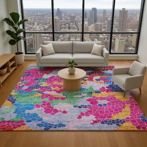 HomeRoots 5' X 8' Modern Blush Blue & Yellow Geometric Area Rug - Washable, UV Protected & Stain Resistant! 707679