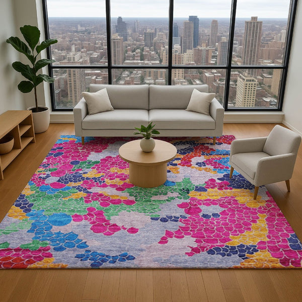 HomeRoots 5' X 8' Modern Blush Blue & Yellow Geometric Area Rug - Washable, UV Protected & Stain Resistant! 707679