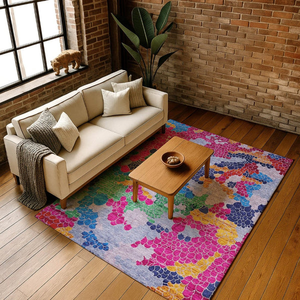 HomeRoots 5' X 8' Modern Blush Blue & Yellow Geometric Area Rug - Washable, UV Protected & Stain Resistant! 707679