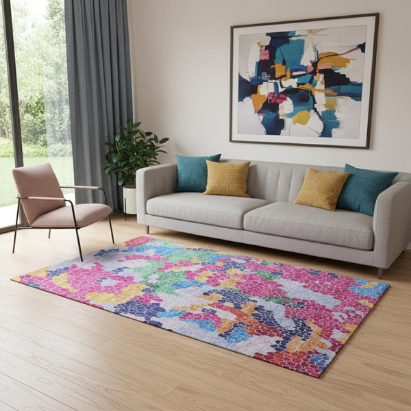 HomeRoots 8' Blush Blue & Yellow Geometric Round Rug - Washable, UV-Resistant, Perfect for Homes with Kids & Pets 707680