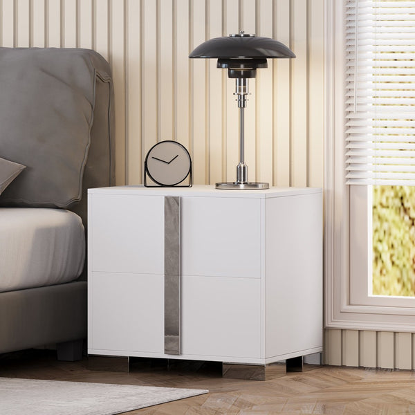 English Elm Modern Two Drawer Nightstand with Slim Metal Legs and Mirrored Bar Handles for Bedroom White W5271P416538