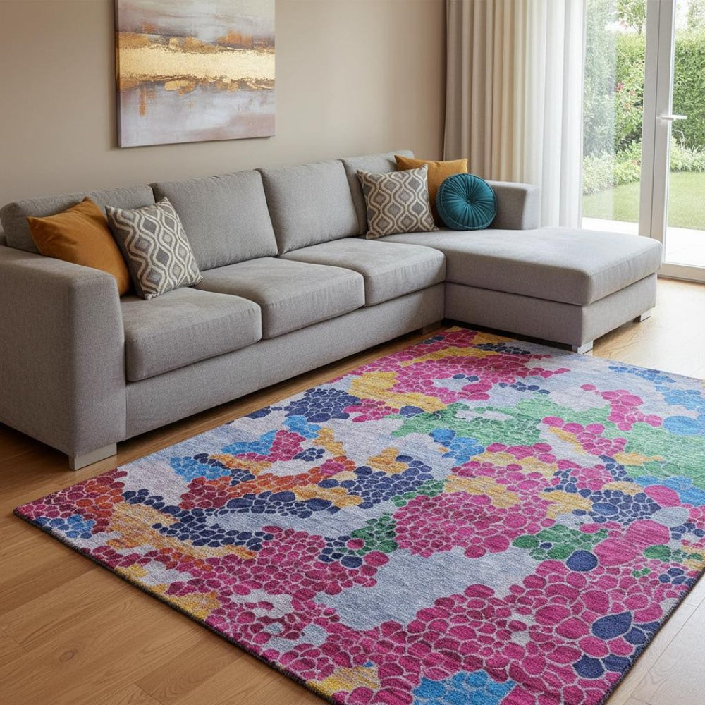 HomeRoots 9' X 12' Blush Blue & Yellow Geometric Area Rug - Washable, UV-Protected, Non-Slip for Modern Homes 707682