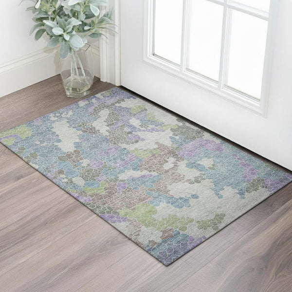 HomeRoots 5' X 8' Washable Geometric Area Rug in Blue, Green & Lavender - Stylish, Durable & UV Protected! 707685
