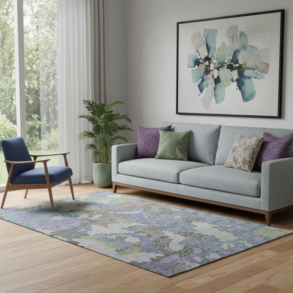 HomeRoots 8' Stylish Blue, Green & Lavender Geometric Washable Round Rug with UV Protection for Modern Homes 707686