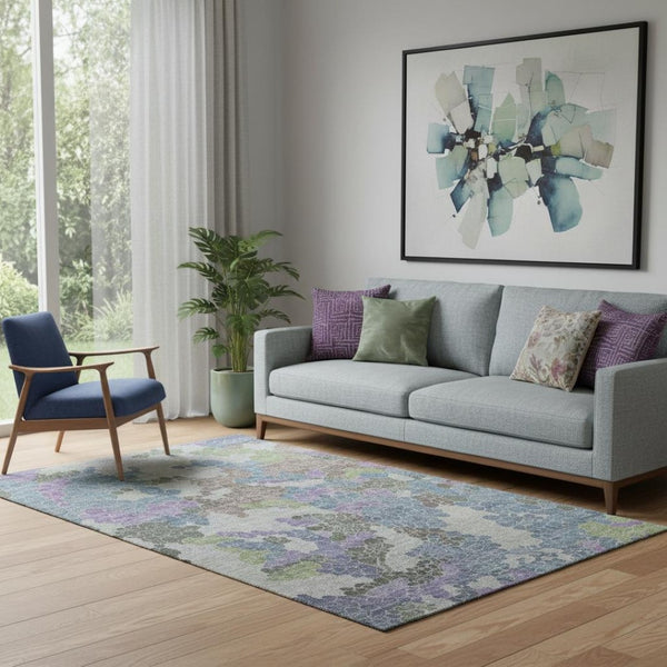HomeRoots 8' Stylish Blue, Green & Lavender Geometric Washable Round Rug with UV Protection for Modern Homes 707686