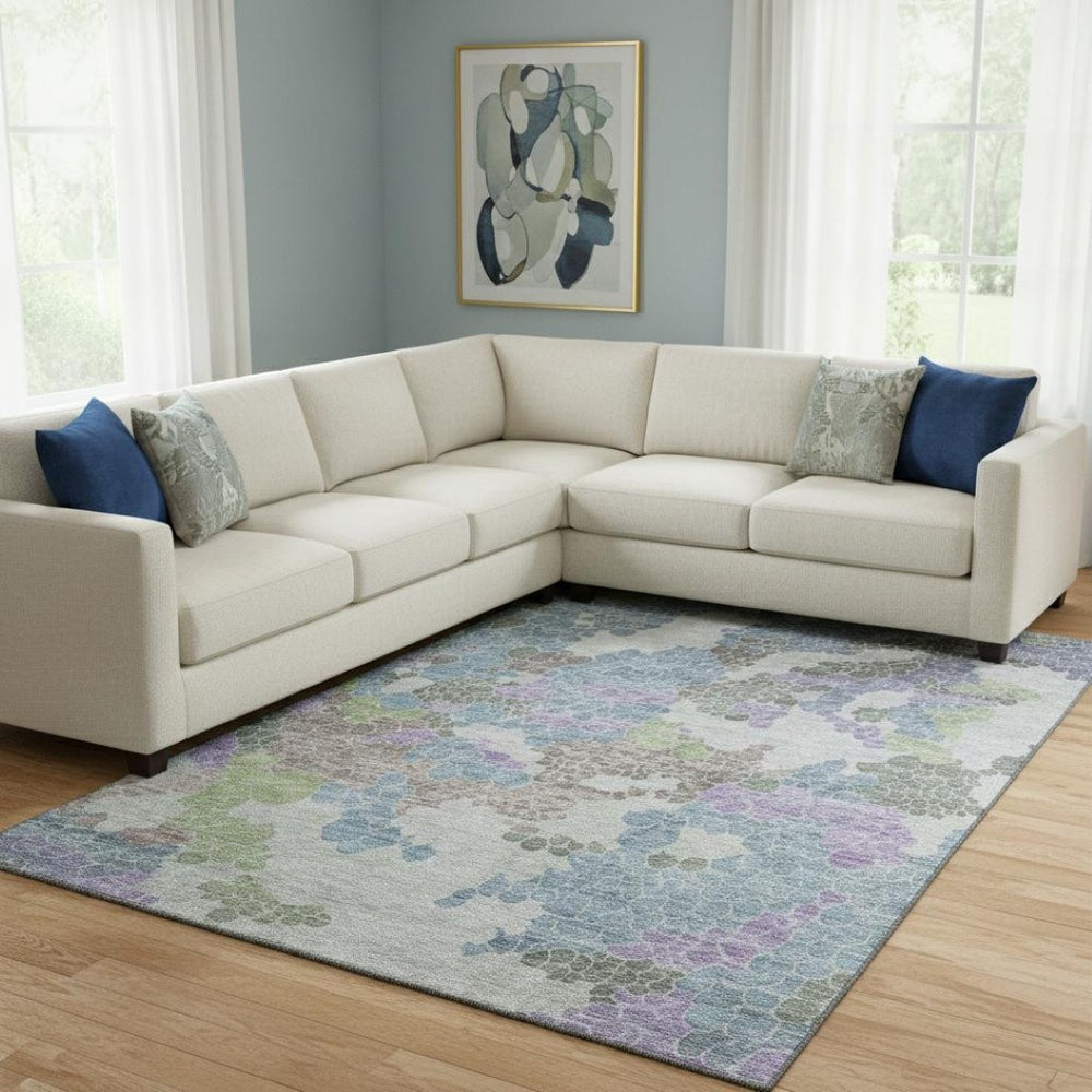 HomeRoots 9' X 12' Geometric Area Rug in Blue Green Lavender – Washable, UV Protected, Durable & Stylish! 707688