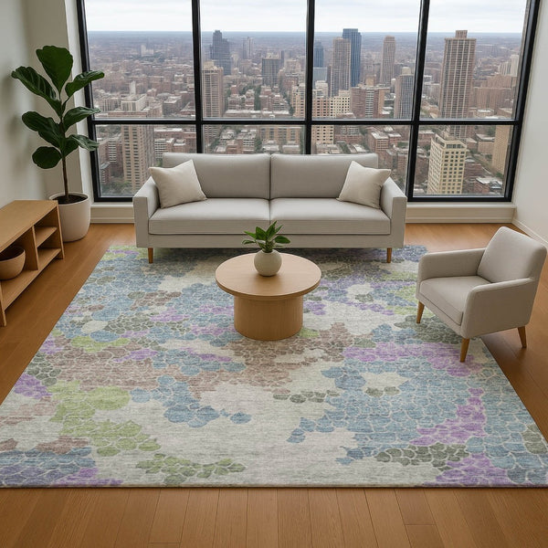 HomeRoots 9' X 12' Geometric Area Rug in Blue Green Lavender – Washable, UV Protected, Durable & Stylish! 707688