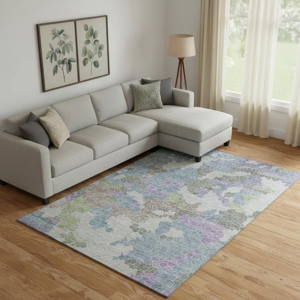 HomeRoots 10' Geometric Washable Area Rug in Blue, Green & Lavender – UV Protected, Durable for High Traffic Homes 707689