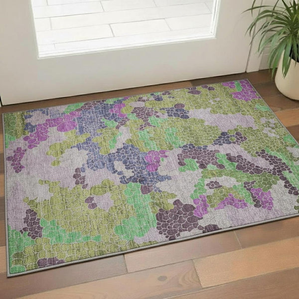 HomeRoots 5' X 8' Stylish Geometric Area Rug in Fern Green, Eggplant & Blush - Washable & UV Protected! 707691