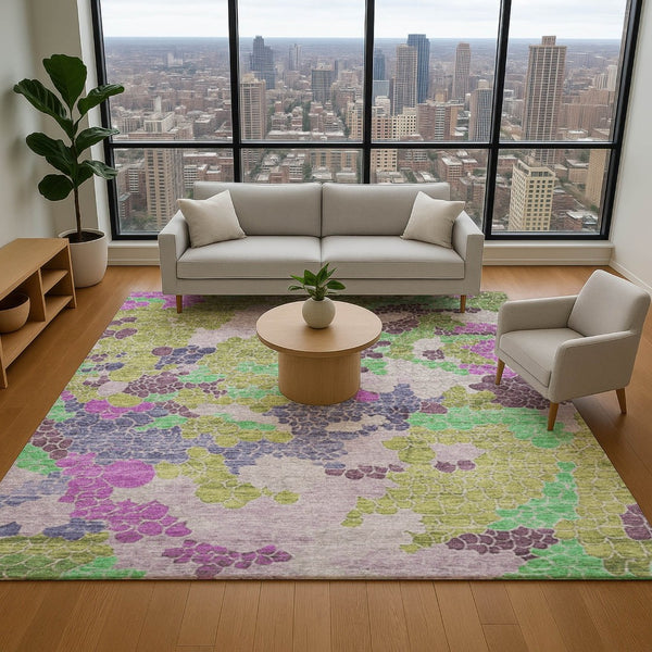 HomeRoots 5' X 8' Stylish Geometric Area Rug in Fern Green, Eggplant & Blush - Washable & UV Protected! 707691