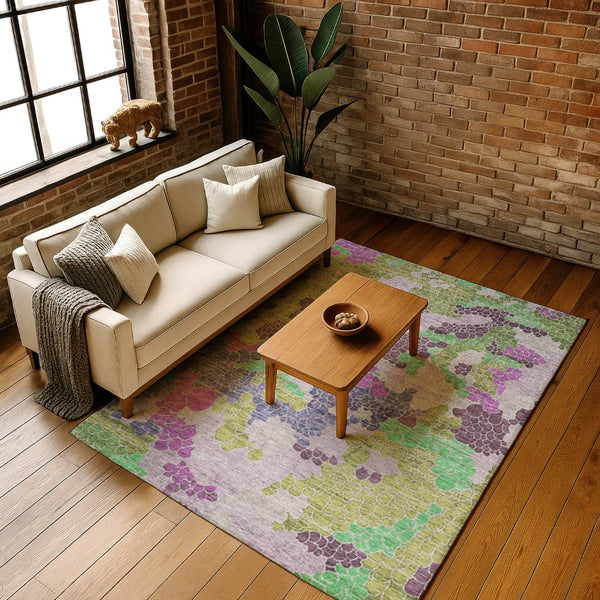 HomeRoots 5' X 8' Stylish Geometric Area Rug in Fern Green, Eggplant & Blush - Washable & UV Protected! 707691