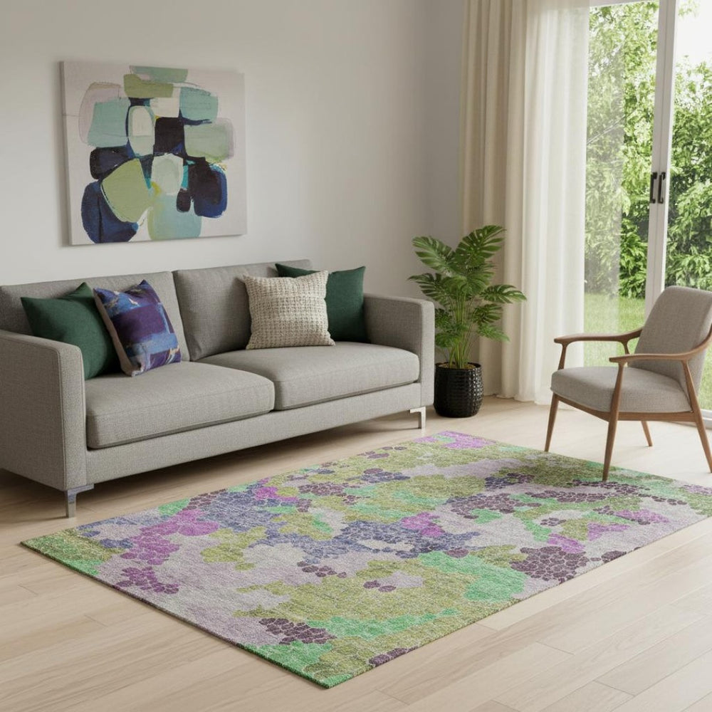 HomeRoots 8' Geometric Washable Round Rug in Fern Green, Eggplant & Blush - UV Protected for Durability & Style 707692