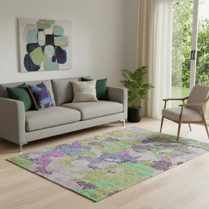 HomeRoots 8' Geometric Washable Round Rug in Fern Green, Eggplant & Blush - UV Protected for Durability & Style 707692