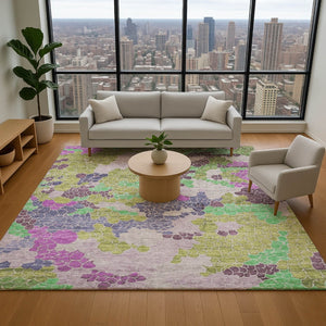 HomeRoots 9' X 12' Modern Fern Green, Eggplant & Blush Geometric Washable Area Rug with UV Protection & Comfort 707694